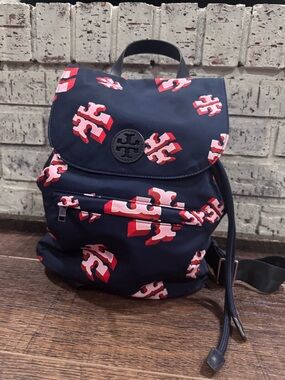 Tory Burch Navy Backpack with Pink and Red Logo Print